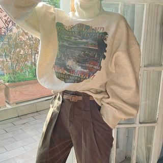 Turtleneck Graphic Print Sweatshirt Oatmeal - One Size