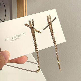 Rhinestone Cross Dangle Earring 1 Pair - Cross Chain Tassel Earring - One Size