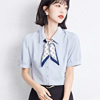 Short-sleeve Ribbon Tie-neck Shirt