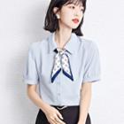 Short-sleeve Ribbon Tie-neck Shirt
