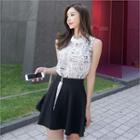 Set: Tie-neck Sleeveless Blouse + Slit-front Miniskirt