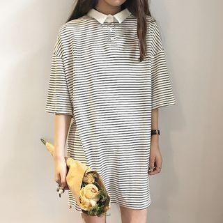Striped Loose-fit Lapel Short-sleeve Long Top