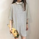 Striped Loose-fit Lapel Short-sleeve Long Top
