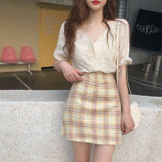 Short-sleeve Perforated Top / Mini A-line Plaid Skirt