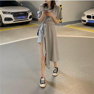 Short-sleeve Asymmetric A-line T-shirt Dress Gray - One Size