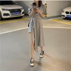 Short-sleeve Asymmetric A-line T-shirt Dress Gray - One Size