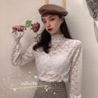 Mock Neck Long-sleeve Lace Top White - One Size