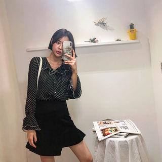 Set: Ruffled Dot Chiffon Blouse + Asymmetric Miniskirt