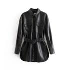 Faux Leather Belt-waist Button-up Jacket