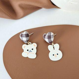 Heart Plaid Animal Asymmetrical Dangle Earring 1 Pair - Earrings - S925 Silver - Brown & White - One Size