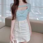 Short-sleeve Knotted Cutout T-shirt / Lace-up A-line Skirt
