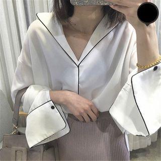 Piped Long-sleeve Chiffon Blouse