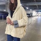Striped Panel Hooded Zip Jacket Almond - One Size