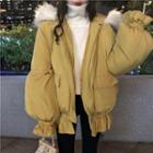 Faux Fur Trim Hooded Padded Coat Yellow - One Size