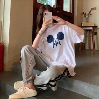 Short-sleeve Mouse Print T-shirt / Stripe-side Wide Leg Pants