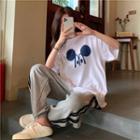 Short-sleeve Mouse Print T-shirt / Stripe-side Wide Leg Pants