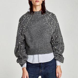 Crew-neck Pearl Puff-sleeve Sweater Gray - One Size