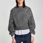 Crew-neck Pearl Puff-sleeve Sweater Gray - One Size
