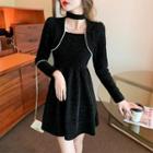 Long-sleeve Beaded Mini A-line Dress