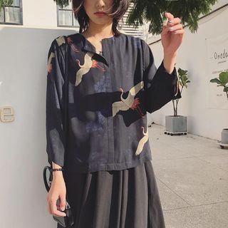 Printed 3/4-sleeve Chiffon Blouse Black - One Size