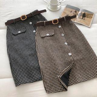 Color-block Plaid Asymmetric Single-breasted High-waist Skirt