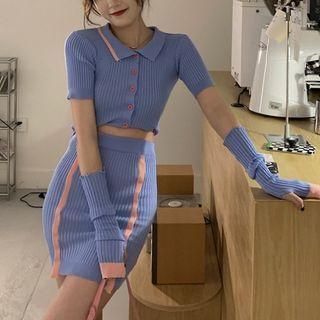 Set: Short-sleeve Knit Top + Pencil Skirt + Gloves