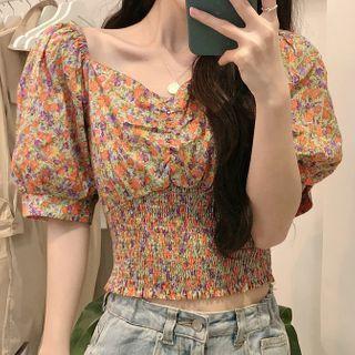 Floral Puff-sleeve Shirred Cropped Blouse