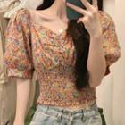 Floral Puff-sleeve Shirred Cropped Blouse