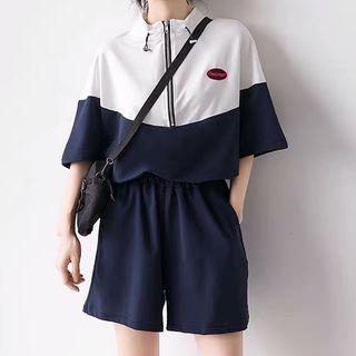Set: Half-zip Elbow-sleeve Pullover + Sweatshorts