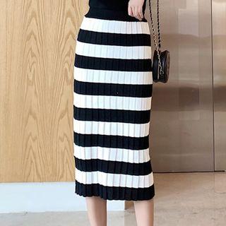 Striped Knit Midi Straight-fit Skirt