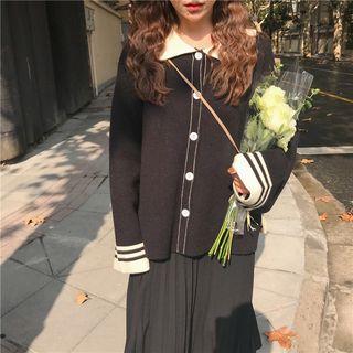 Collared Striped Cardigan Black - One Size