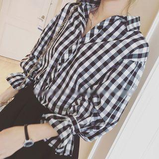 Plaid Balloon-sleeve Blouse Milky White - One Size