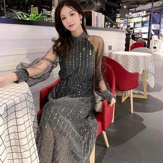 Lantern-sleeve Sequined Midi Mesh A-line Dress