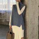 Plain Long-sleeve Knit Dress / Plain Turtle-neck Knit Vest