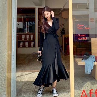 Padded-shoulder Ruffle-hem Maxi Wrap Dress