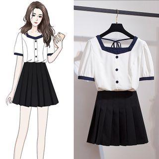 Square Neck Short-sleeve Top / Pleated Skirt / Set