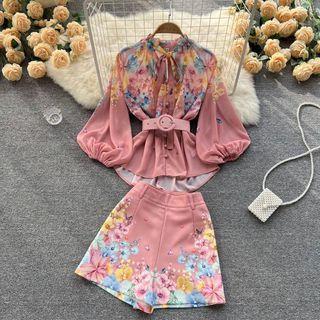 Set: Balloon-sleeve Print Shirt + Shorts
