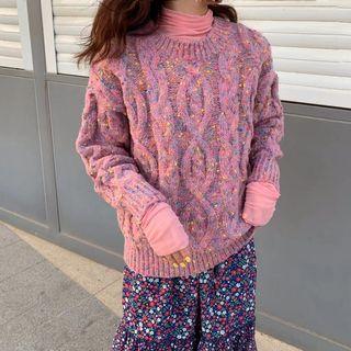 Melange Cable Knit Sweater / Long-sleeve Mock Neck Plain Top