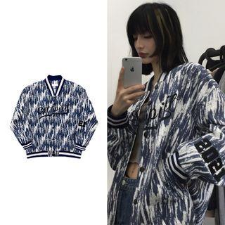 Long Sleeve V-neck Contrast Line Tie Dye Letter Print Denim Baseball Jacket