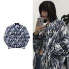 Long Sleeve V-neck Contrast Line Tie Dye Letter Print Denim Baseball Jacket