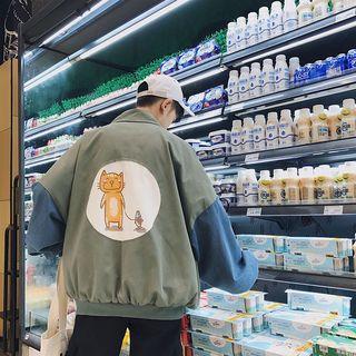 Cat Print Denim Panel Zip Jacket
