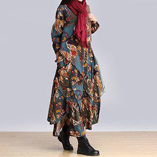 Mock Two-piece Patterned Linen-blend Dress