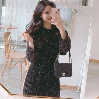 Dotted Accordion Pleated Midi Chiffon Dress