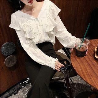 Plaid Ruffled Blouse / Boot-cut Pants