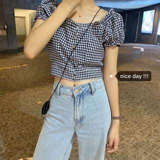 Short-sleeve Plaid Frill Trim Crop Top