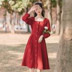 Long-sleeve Square-neck Belted Midi A-line Dress