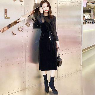 Set: Bell-sleeve Glitter Top + Spaghetti Strap Midi A-line Velvet Dress