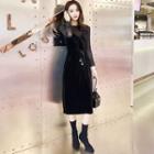 Set: Bell-sleeve Glitter Top + Spaghetti Strap Midi A-line Velvet Dress