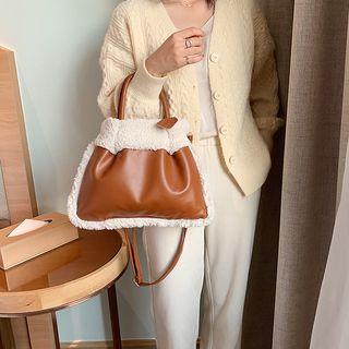 Faux Shearling Panel Tote Bag With Shoulder Strap