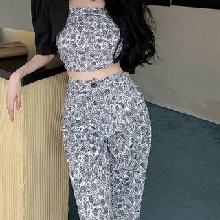 Floral Cropped Tube Top / High-waist Wide-leg Pants